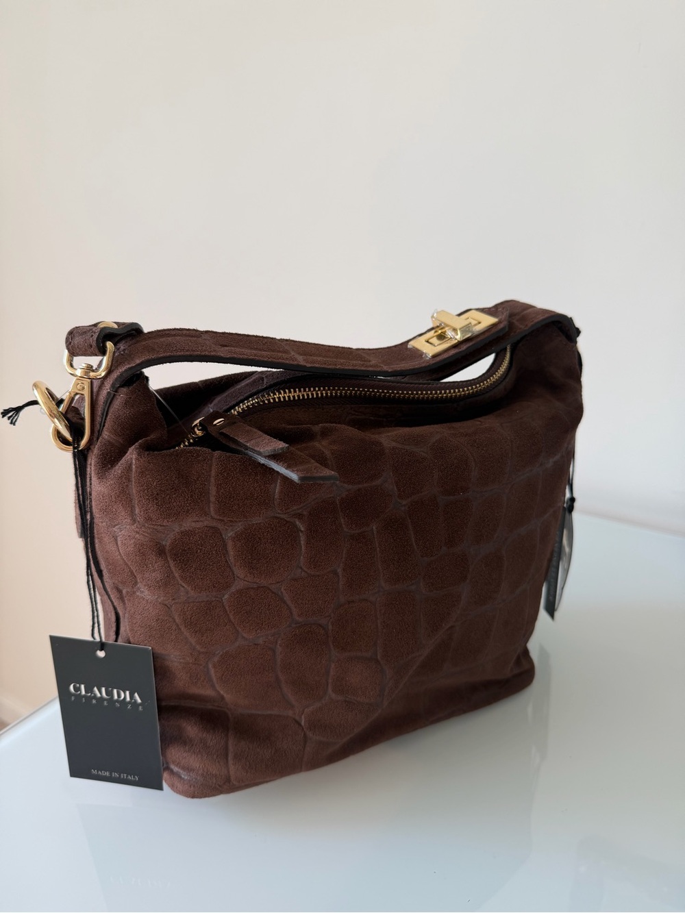 CLAUDIA Firenze Brown crocodile embossed Suede Bag with gold hardware